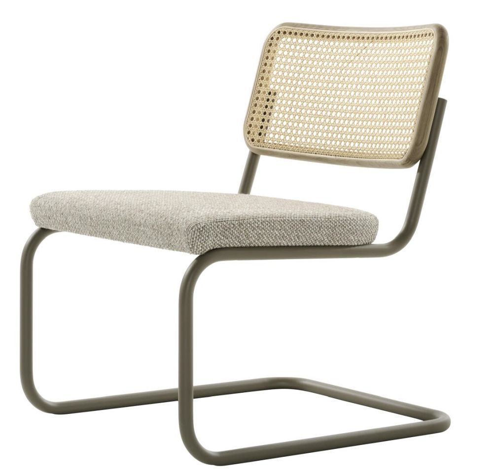 Moderner Freischwinger-Stuhl mit hellgrauem Sitzpolster und geflochtener Rückenlehne, minimalistisch und ergonomisch designt.