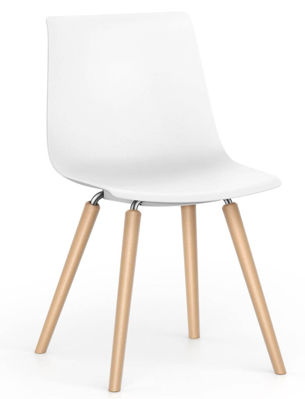 Moderner weißer Stuhl mit geschwungener Sitzfläche und Holzbeinen, ideal für Büro- oder Wohnräume.