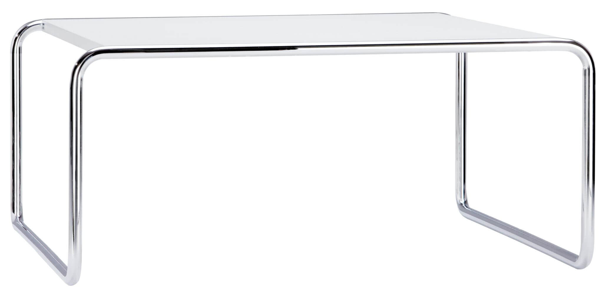 Moderner, rechteckiger Tisch mit glänzendem Chromgestell und weißer Tischplatte, ideal für ergonomische Büros.