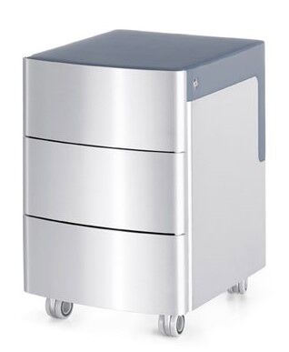 Moderner, silberfarbener Büroschrank mit drei Schubladen und Rollen, ideal für ergonomische Büroeinrichtungen.