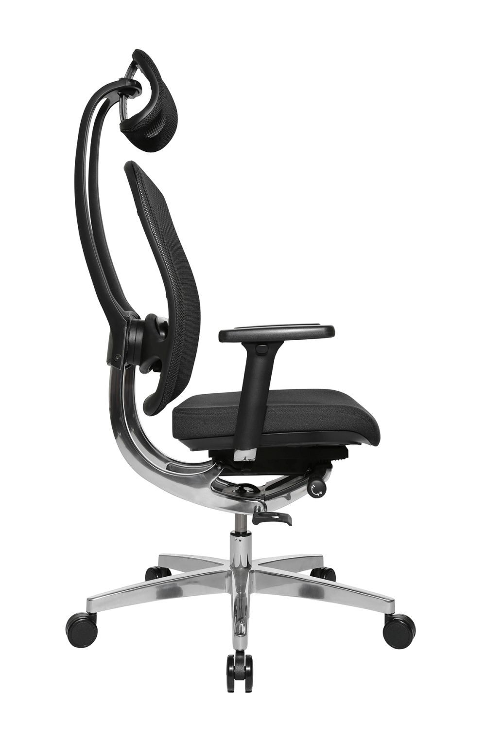 Ergonomischer Bürostuhl mit Kopfstütze, schwarzem Bezug und verstellbaren Armlehnen auf Rollenbasis, seitliche Ansicht.
