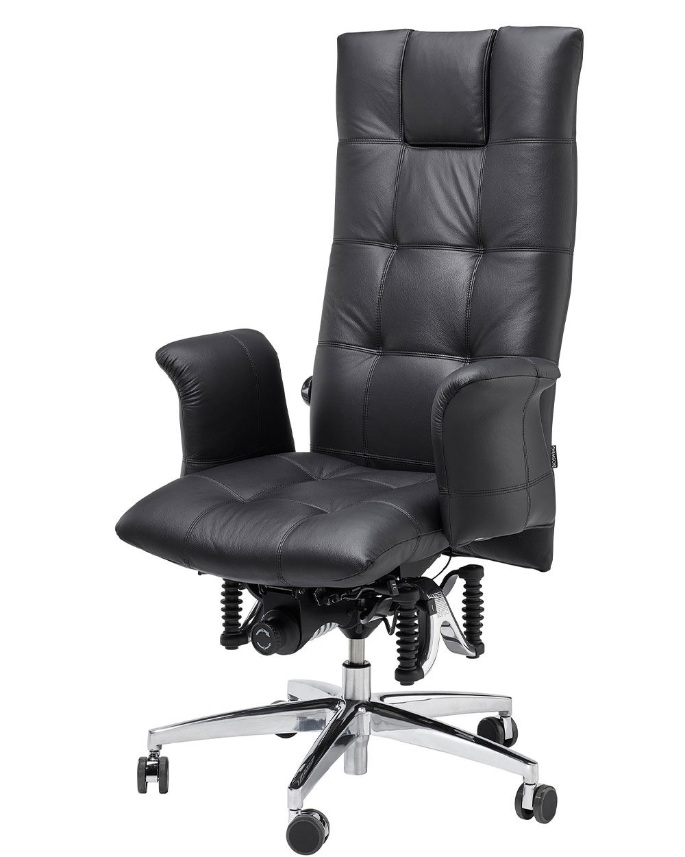 Ergonomischer Bürostuhl mit hoher Rückenlehne, schwarzem Lederbezug und verstellbarer Federung auf Rollen.