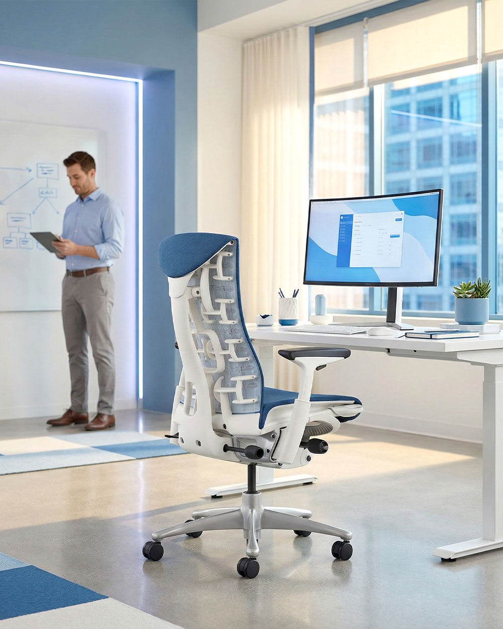 Ergonomischer Bürostuhl vor Schreibtisch mit großem Monitor, Mann im Hintergrund mit Tablet beim Whiteboard.