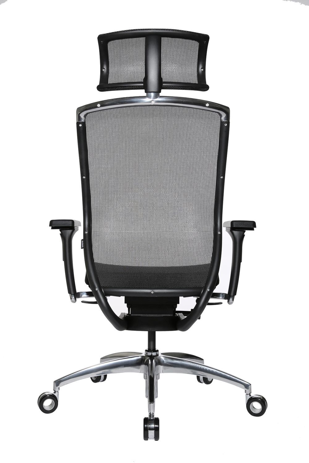 Ergonomischer Bürostuhl mit Netzrückenlehne und Kopfstütze, Rückansicht, auf Rollen für dynamisches Sitzen geeignet.