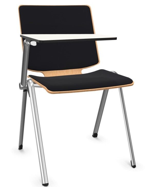 Moderner schwarzer Stuhl mit Ablagetisch, ergonomisch gestaltet mit robusten Metallbeinen.