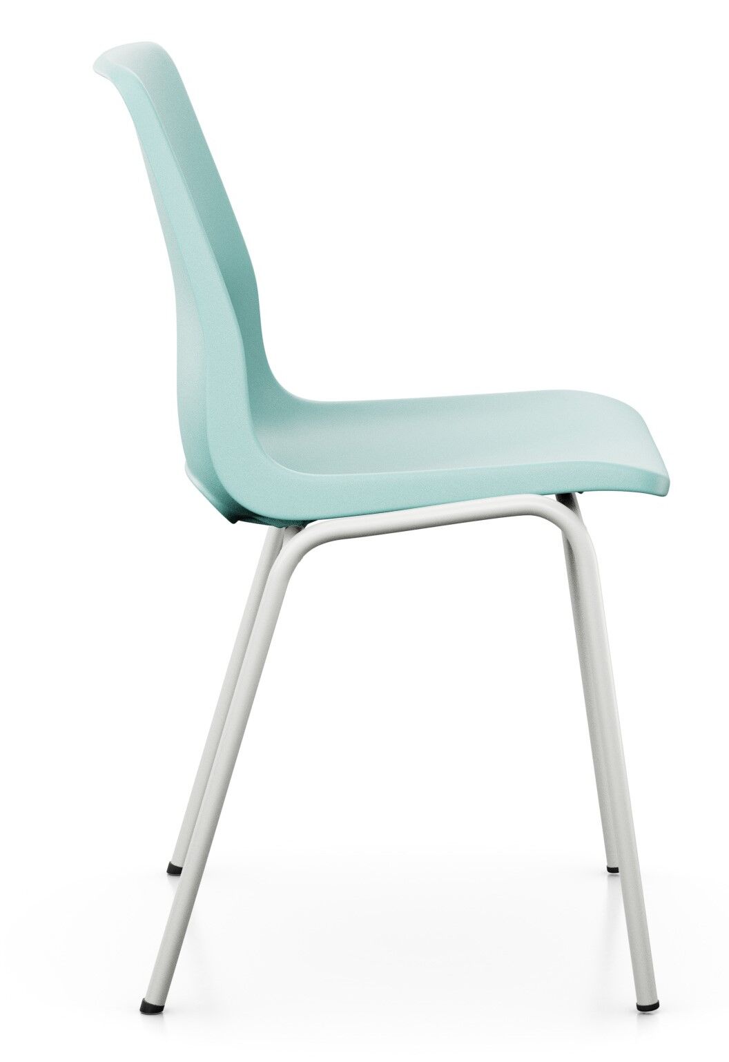 Moderner ergonomischer Stuhl in Blau mit gepolsterter Sitzfläche und stabiler Metallstruktur aus der Seitenansicht.