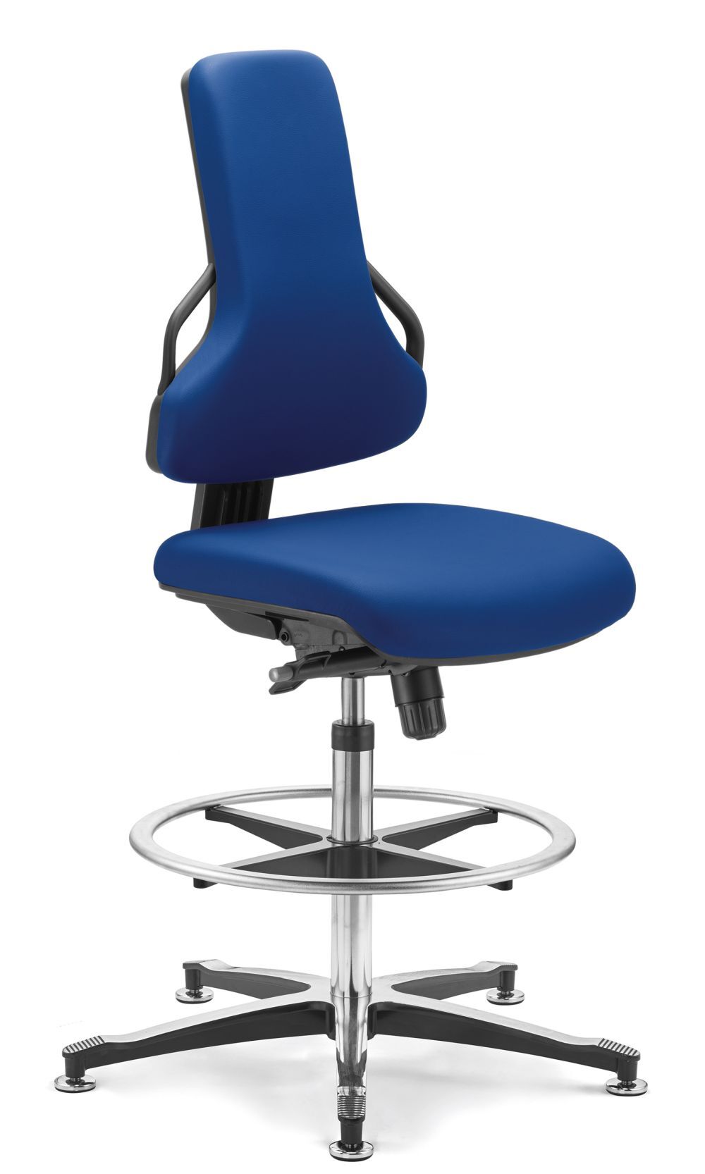Blauer ergonomischer Bürostuhl mit Rückenlehne und Fußring, ideal für gesundes, dynamisches Sitzen im Büro.