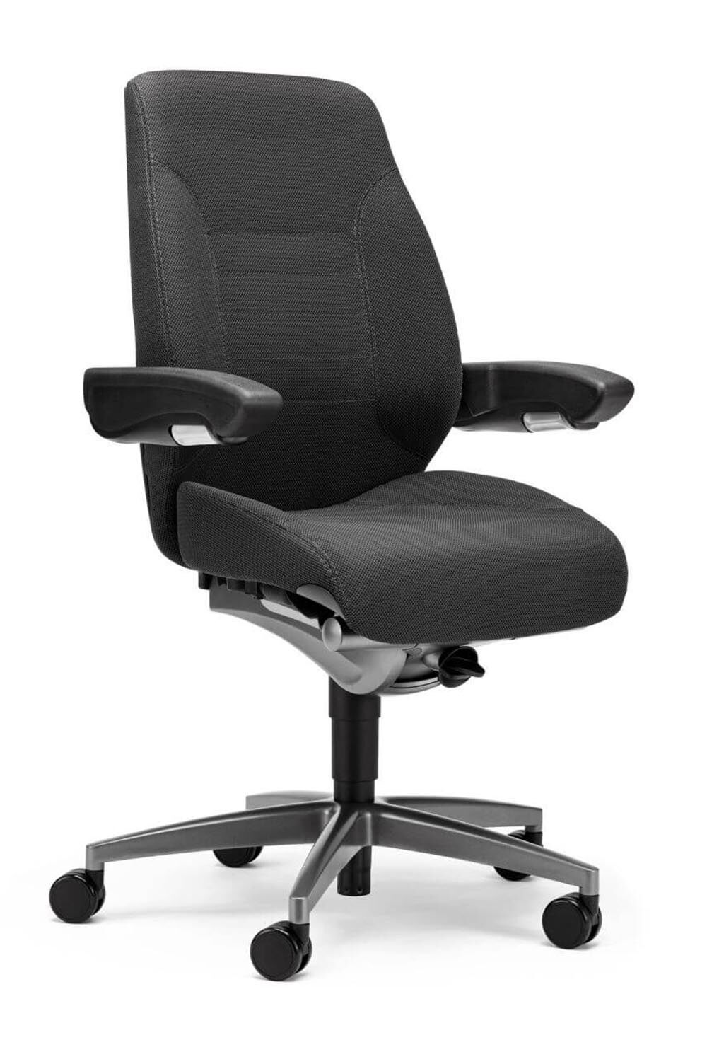 Ergonomischer Bürostuhl mit gepolstertem Sitz, verstellbaren Armlehnen und Rollen, ideal für dynamisches Sitzen.