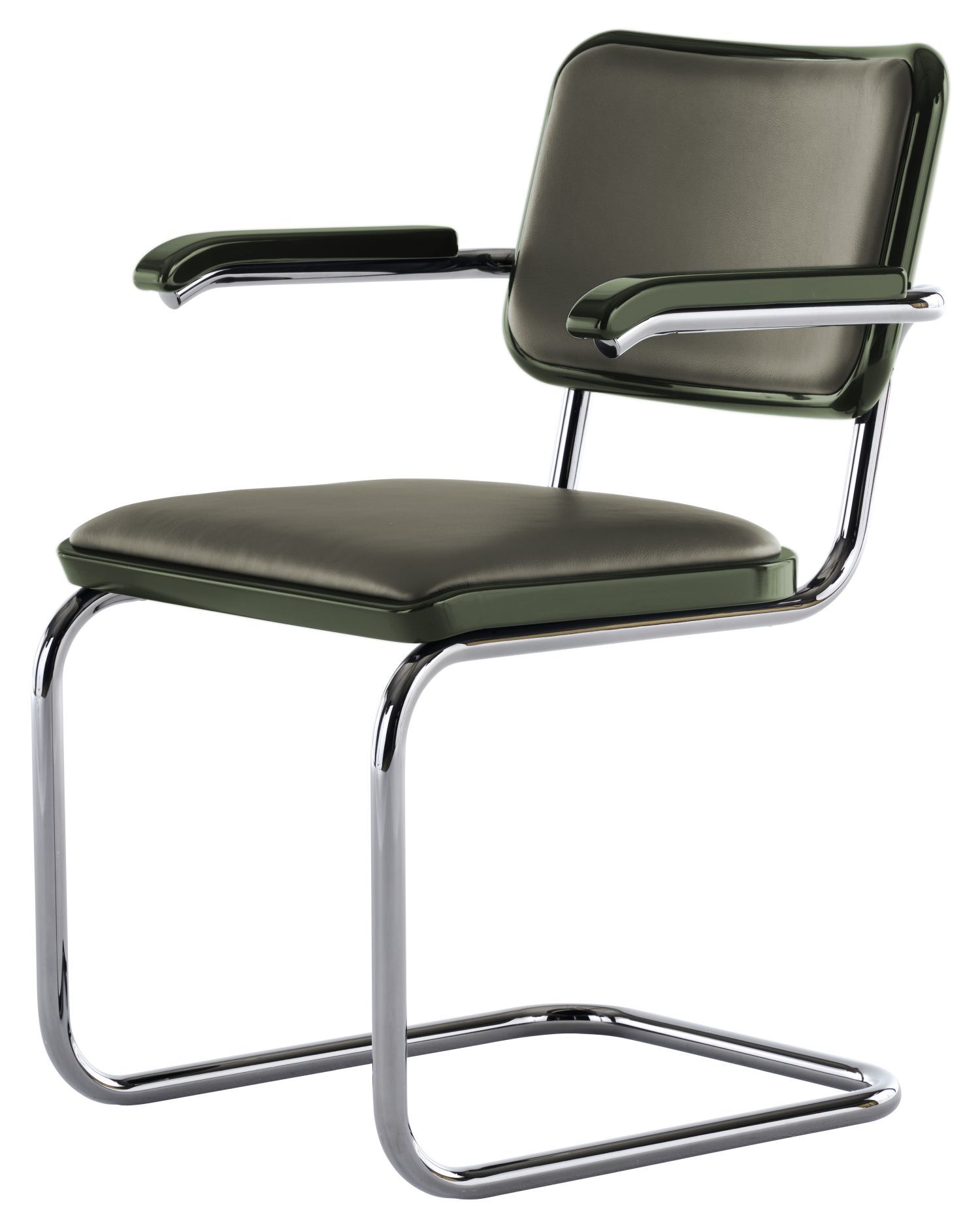 Moderner Freischwinger-Stuhl mit dunkelgrünem Polster und glänzendem Chromgestell, ideal für ergonomisches Sitzen.