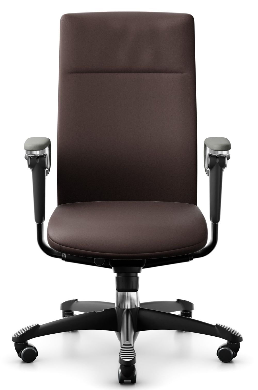 Hochwertiger, ergonomischer Bürostuhl mit dunkler Polsterung und verstellbaren Armlehnen auf einem stabilen Rollfuß.