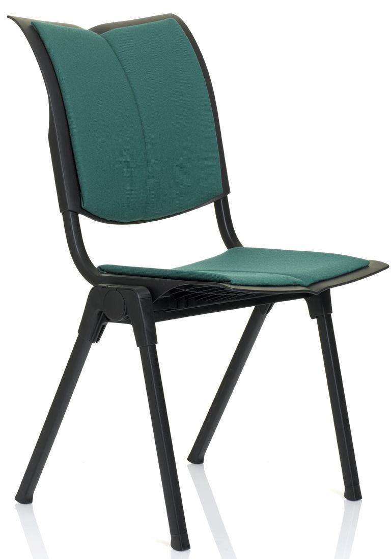 Moderner ergonomischer Stuhl mit schwarzem Gestell und grüner Polsterung, geeignet für Büros und Konferenzräume.