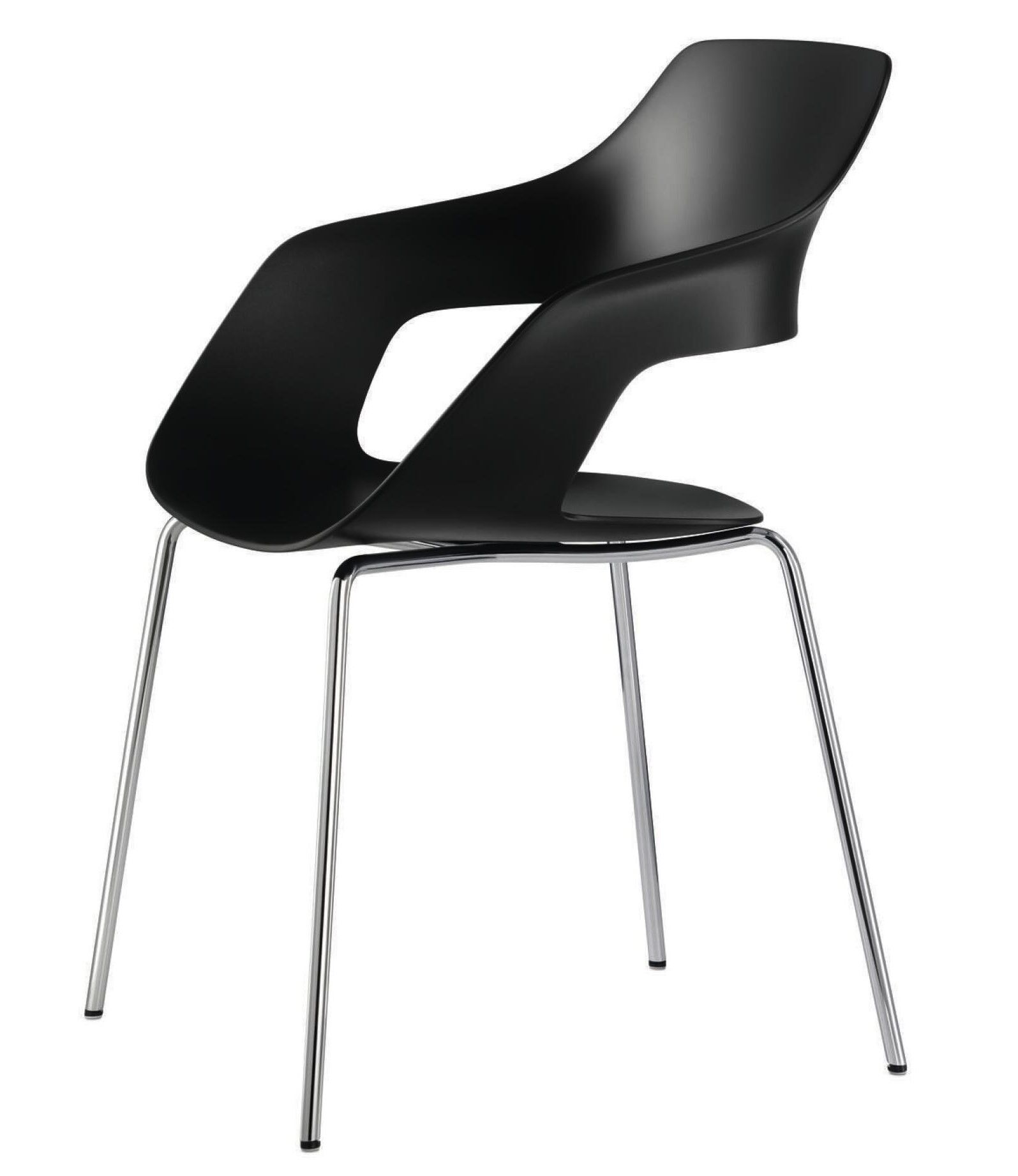 Schwarzer ergonomischer Stuhl mit geschwungenem Design und vier silbernen Metallbeinen, ideal fürs Büro.