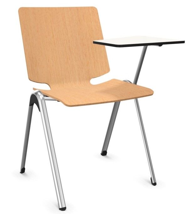 Moderner ergonomischer Stuhl mit Holzsitz und Stahlbeinen, ausgestattet mit praktischem Schreibtischaufsatz.