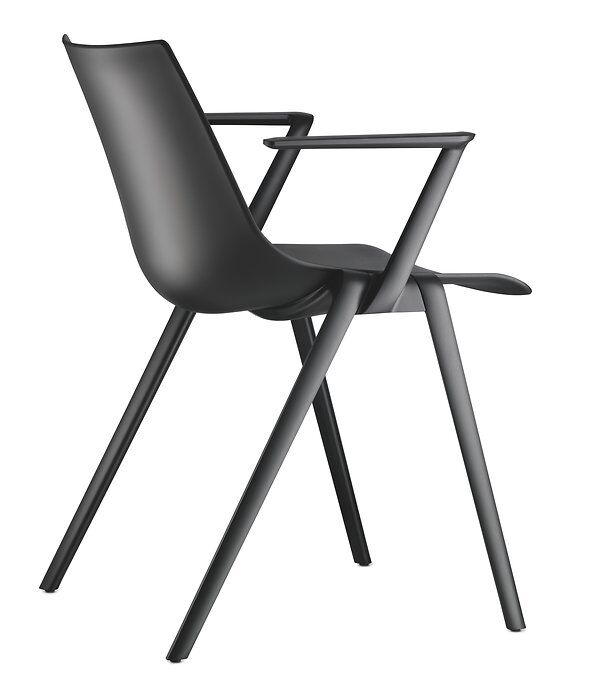 Moderner schwarzer Bürostuhl mit ergonomischem Design und Armlehnen, ideal für dynamisches Sitzen im Büro.
