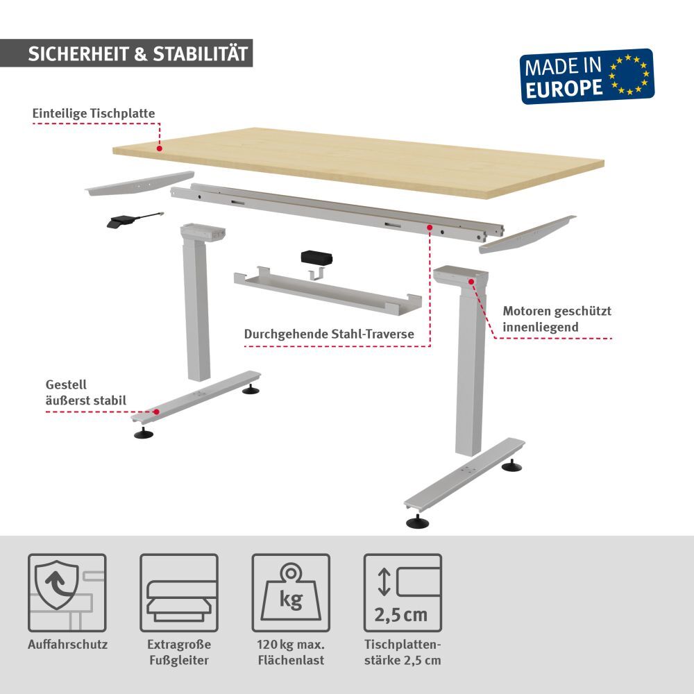 Ergonomischer Tisch mit durchgehender Stahl-Traverse, stabilem Gestell, innenliegenden Motoren und einteiliger Tischplatte, Made in Europe.