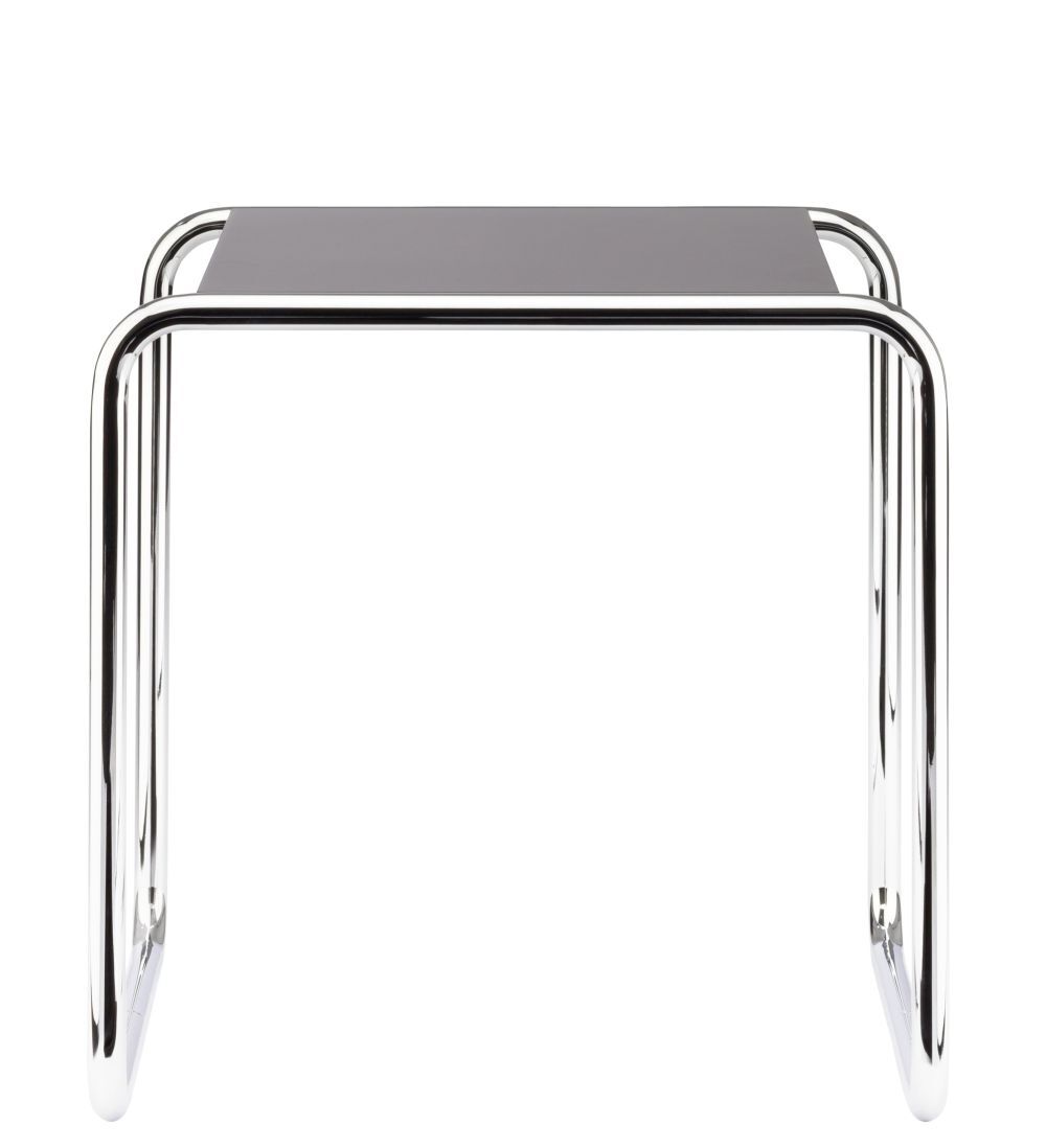 Moderner Beistelltisch mit Chromgestell und schwarzer Tischplatte, schlichtes und elegantes Design.