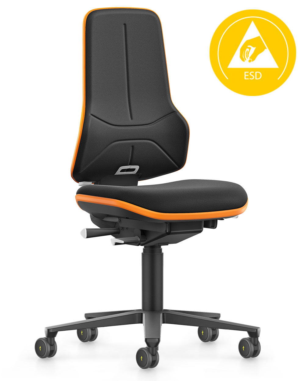 Schwarzer ergonomischer Bürostuhl mit orangener Umrandung und ESD-Symbol, bietet dynamisches Sitzen und Gesundheitsschutz.