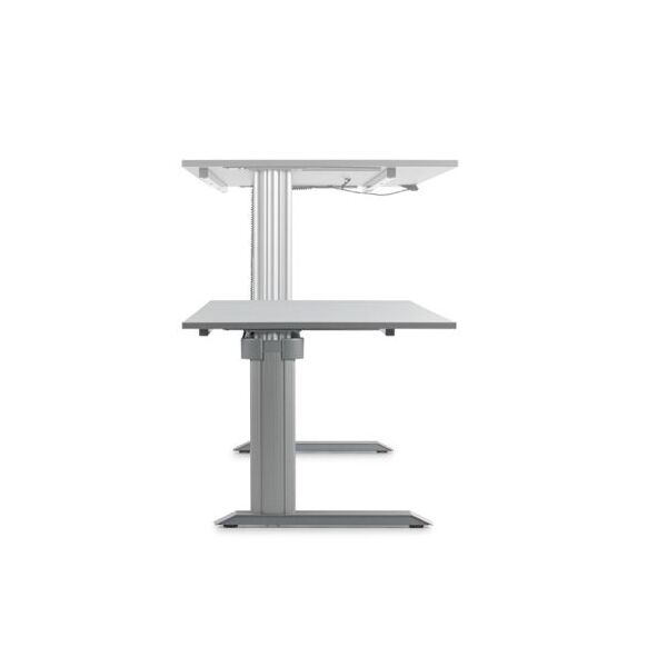 Höhenverstellbarer Schreibtisch in grauer Ausführung, ideal für ergonomisches Arbeiten im Büro oder Homeoffice.