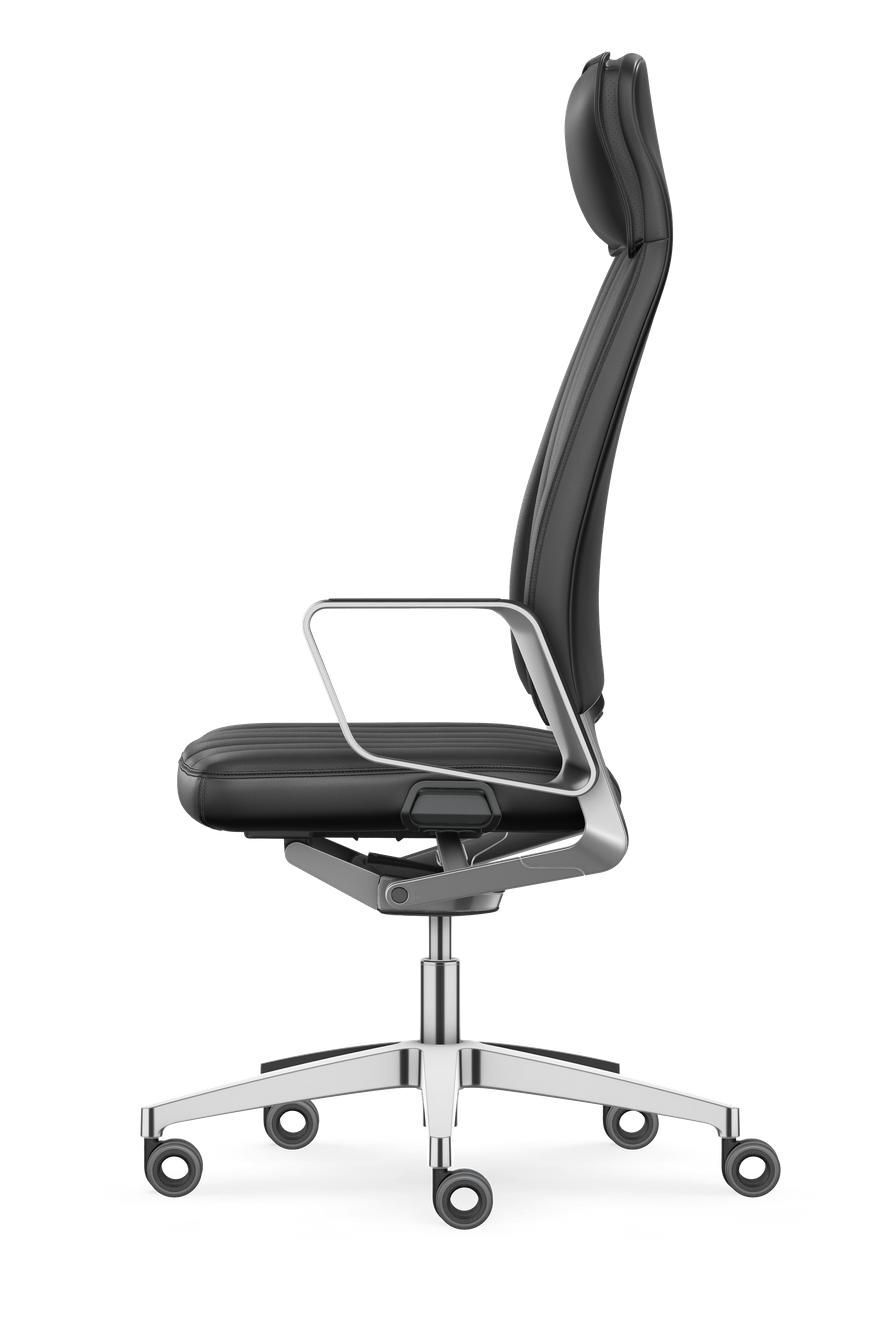 Eleganter ergonomischer Bürostuhl mit hoher Rückenlehne und fünf Rollen, ideal für dynamisches Sitzen.