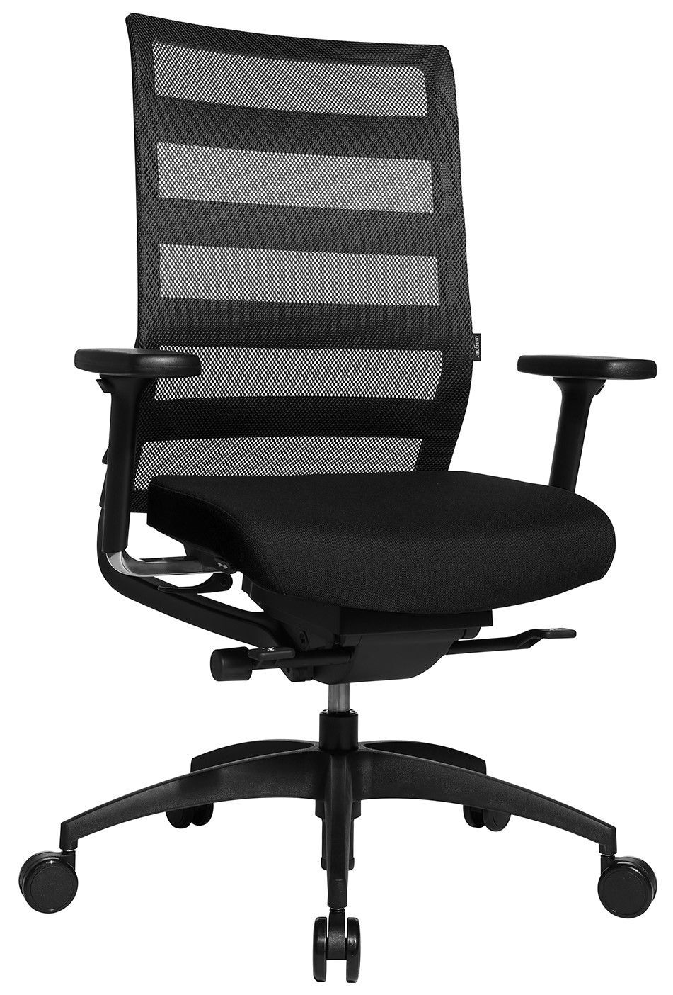 Ergonomischer Bürostuhl mit schwarzem Netzrücken, verstellbaren Armlehnen und Rollen für dynamisches Sitzen.