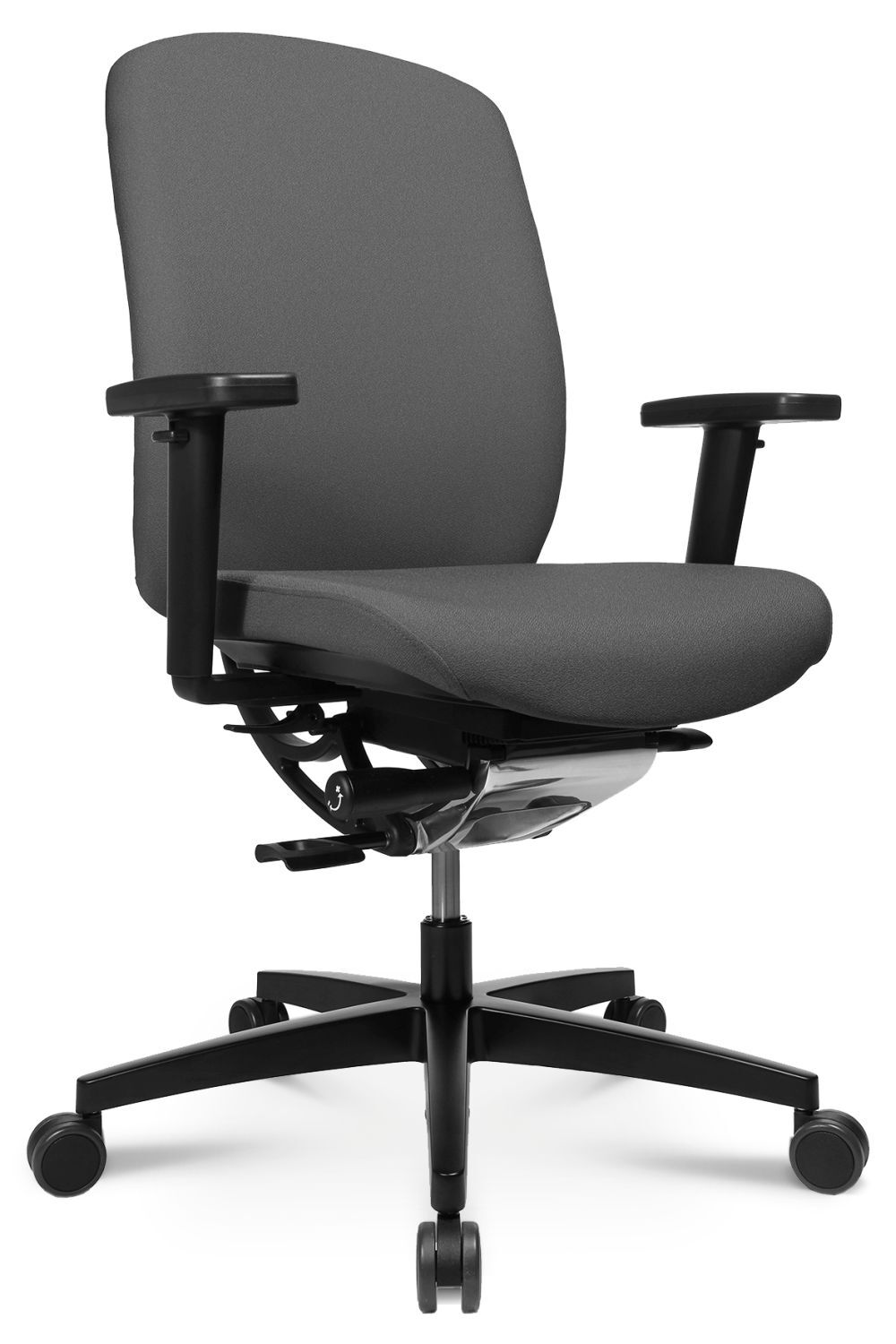 Ergonomischer Bürostuhl mit grauem Bezug, verstellbaren Armlehnen und fünf Rollen für bewegtes Sitzen.