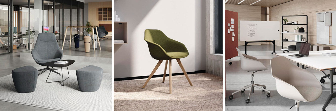 Drei moderne Büroszenen mit ergonomischen Wilkhahn Yonda Schalenstühlen: grau mit Hockern, grün auf Teppich, weiß auf Rollen.