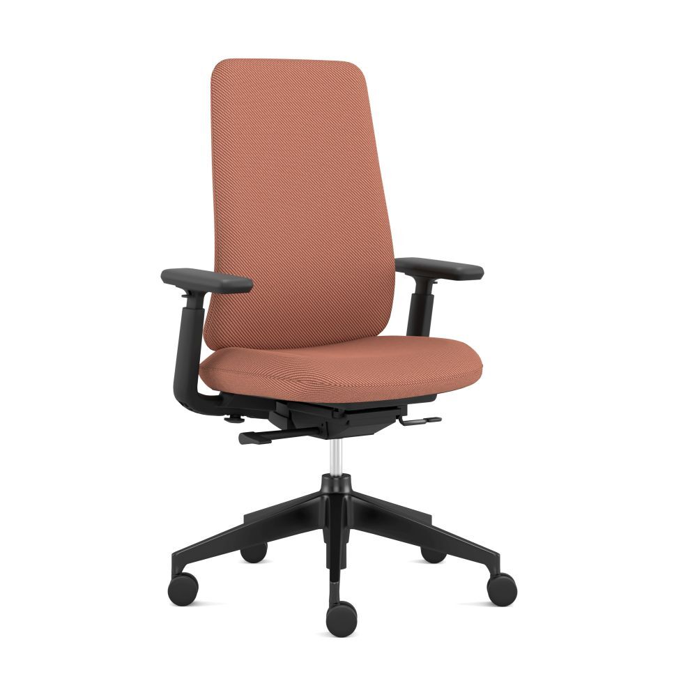 Ergonomischer Bürostuhl in Terrakotta mit verstellbaren Armlehnen und schwarzem Drehkreuz für gesundes Sitzen.