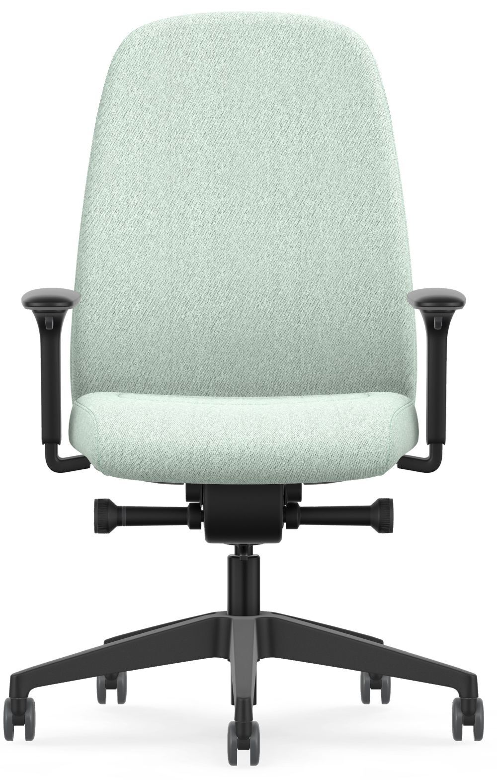 Ergonomischer Bürostuhl mit verstellbaren Armlehnen, gepolstertem Sitz und Rückenlehne, in Mintgrün auf schwarzem Gestell.