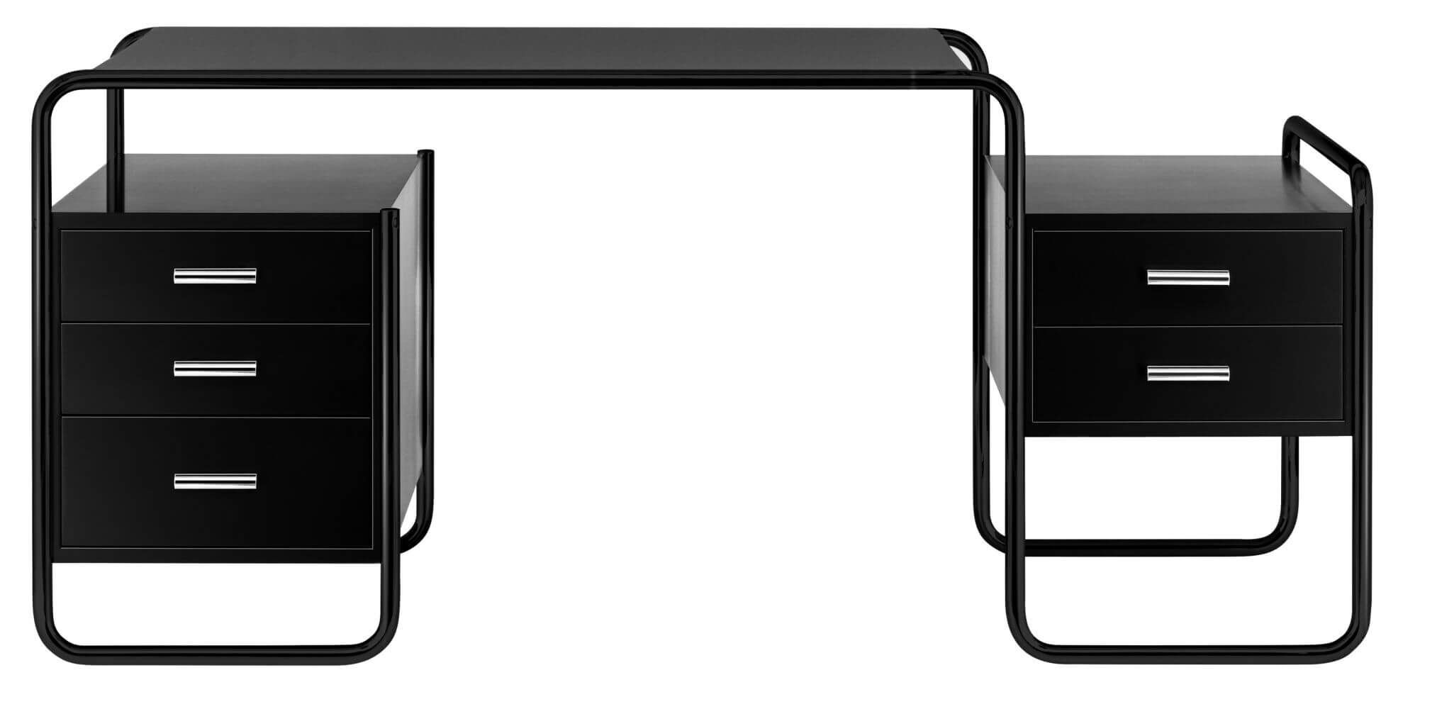 Moderner schwarzer Schreibtisch aus Metall mit Schubladeneinheiten auf beiden Seiten.