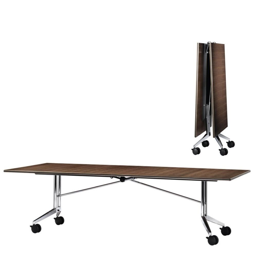 Klappbarer Bürotisch aus Holz mit Metallbeinen und Rollen, abgebildet offen und gefaltet.
