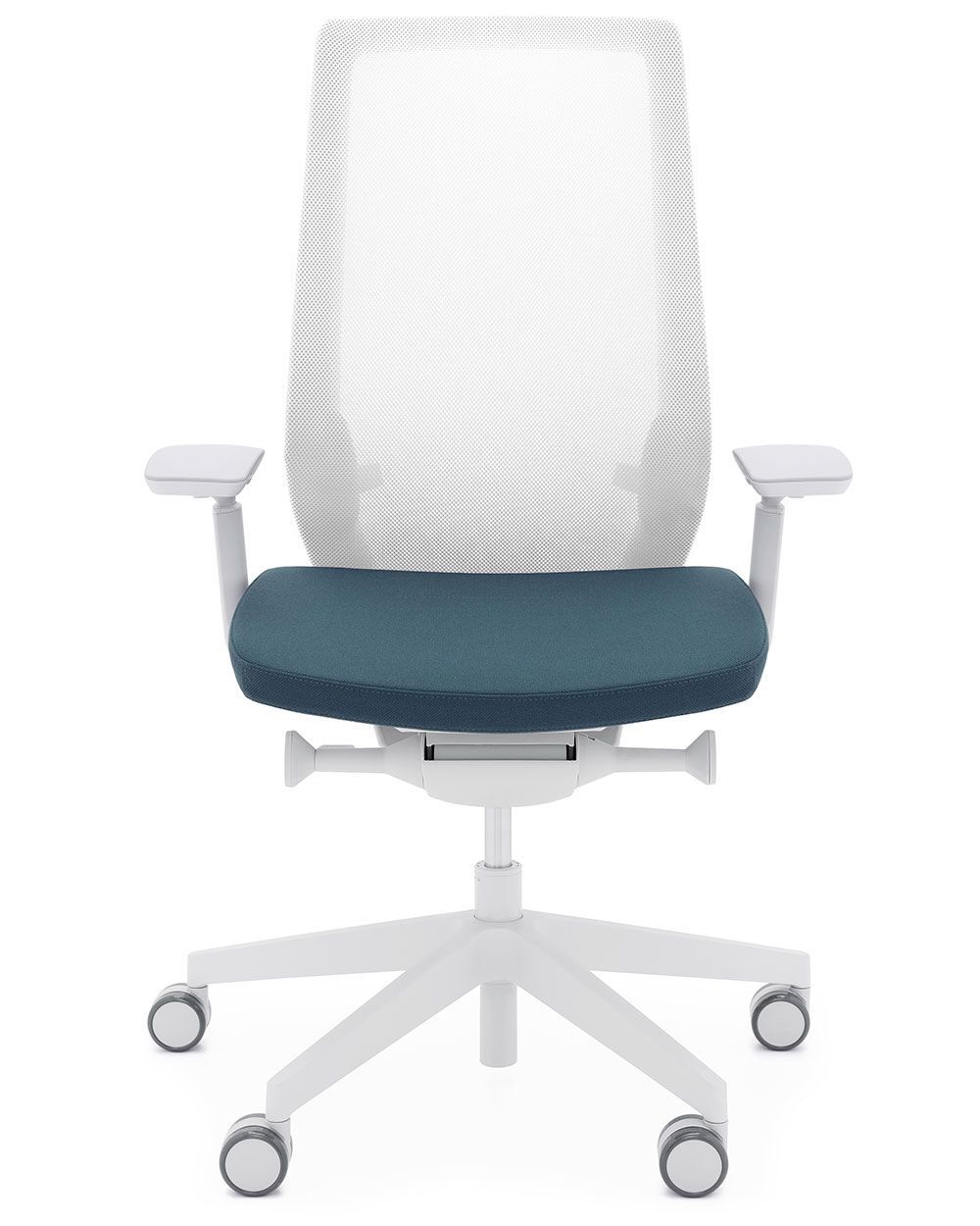 Moderner ergonomischer Bürostuhl mit weißen Armlehnen und blauem Sitzkissen, ideal für dynamisches Sitzen.