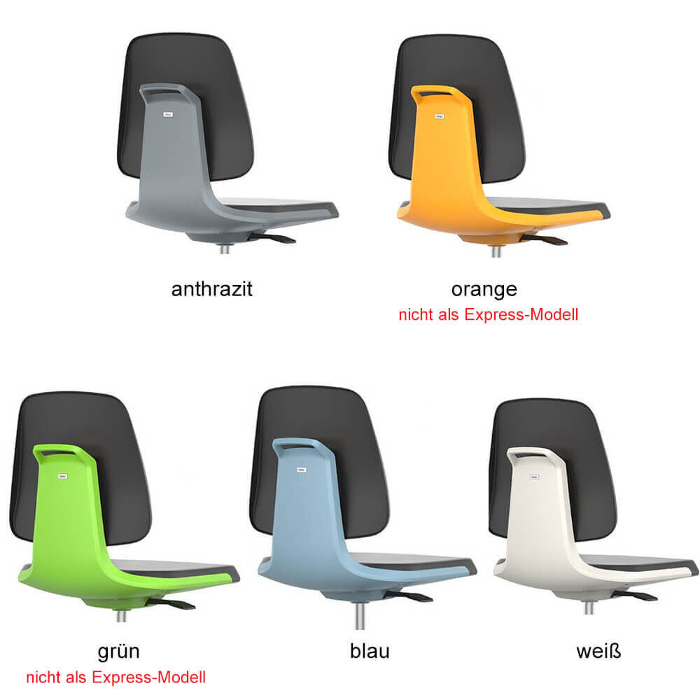 Fünf ergonomische Stühle in verschiedenen Farben: anthrazit, orange, grün, blau und weiß, teils nicht als Express-Modell verfügbar.