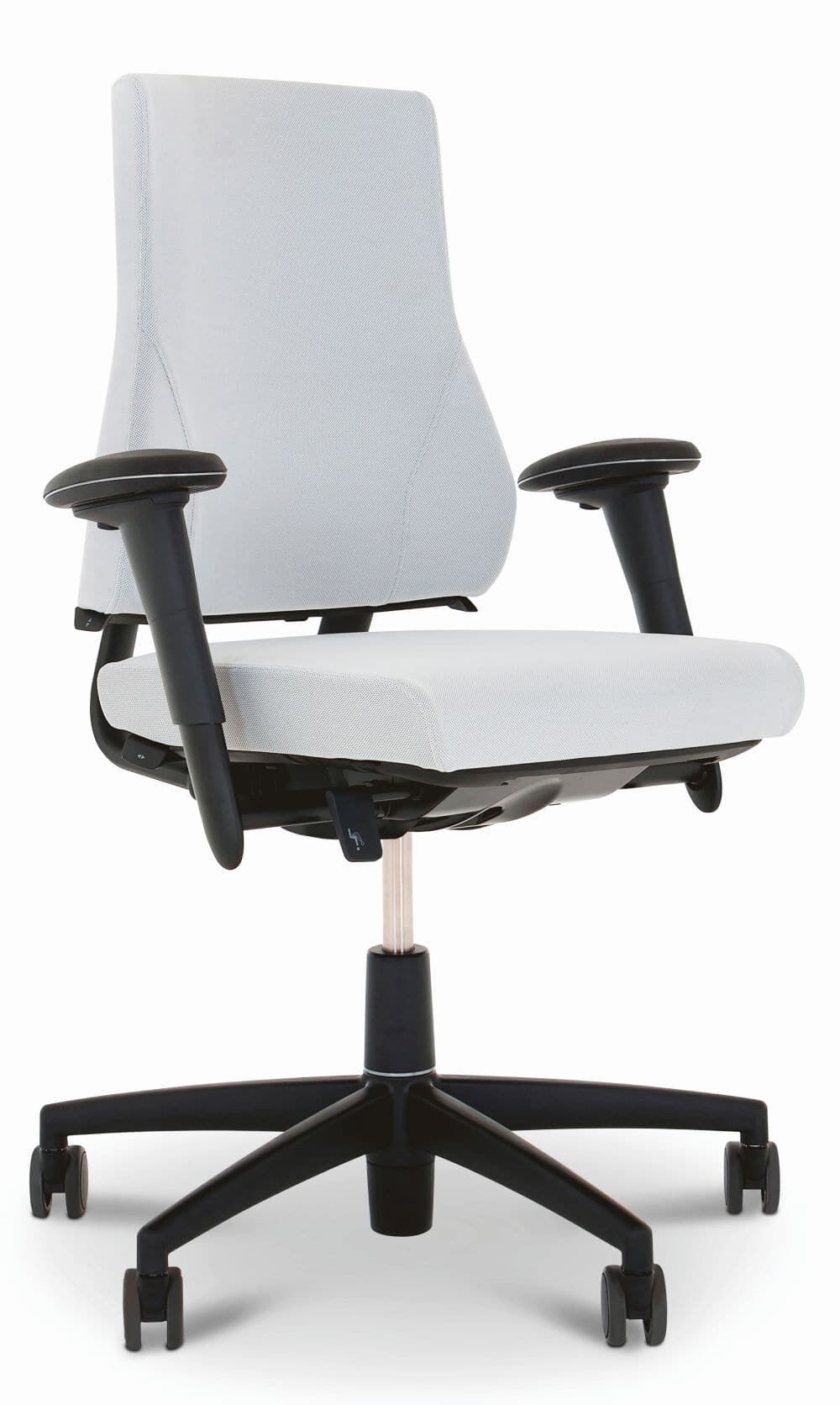 Moderner weißer Bürostuhl mit ergonomischem Design und verstellbaren Armlehnen, geeignet für dynamisches Sitzen.