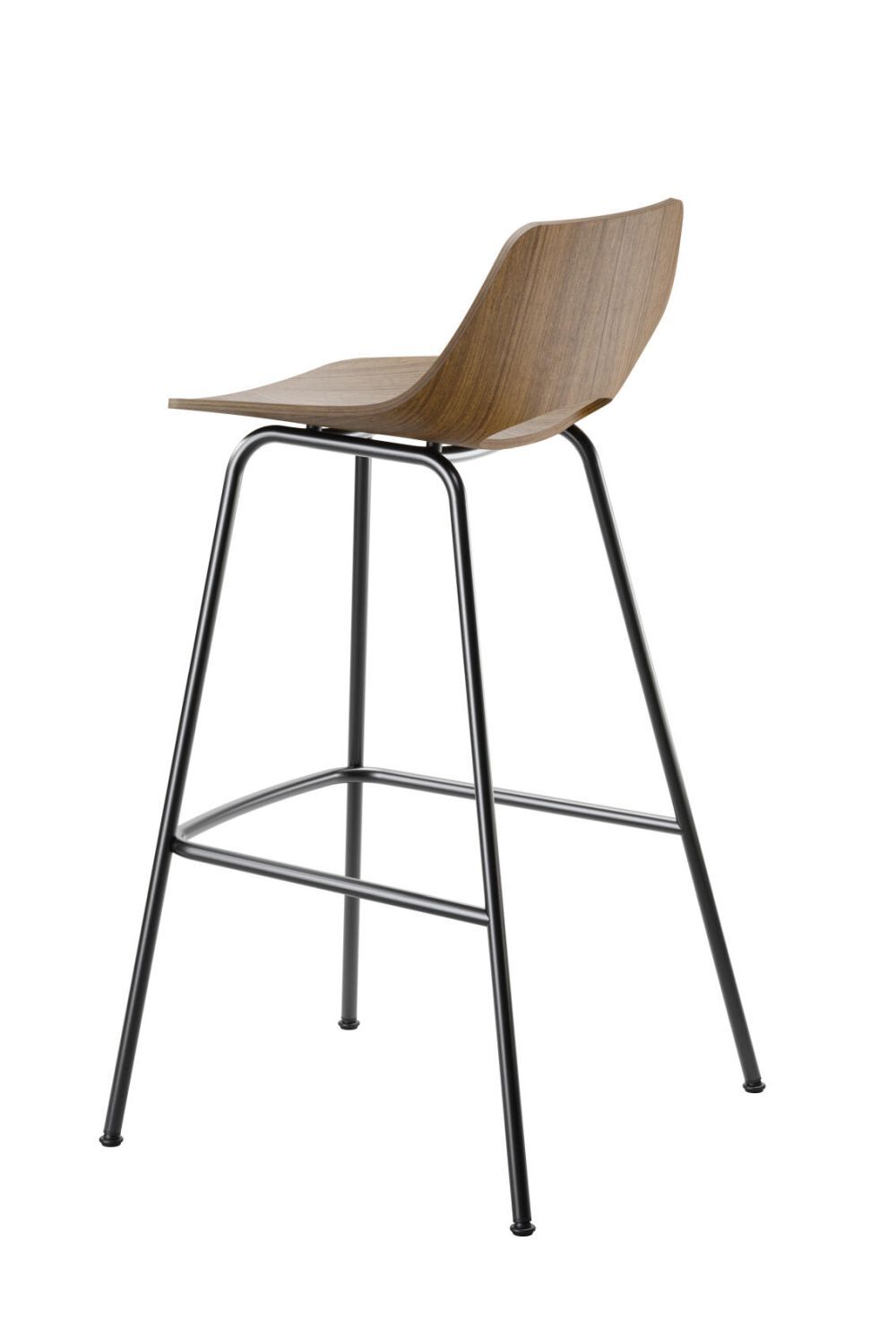 Moderner Barhocker mit Holzsitz und schlanken Metallbeinen, ideal für stilvolle und ergonomische Arbeitsbereiche.