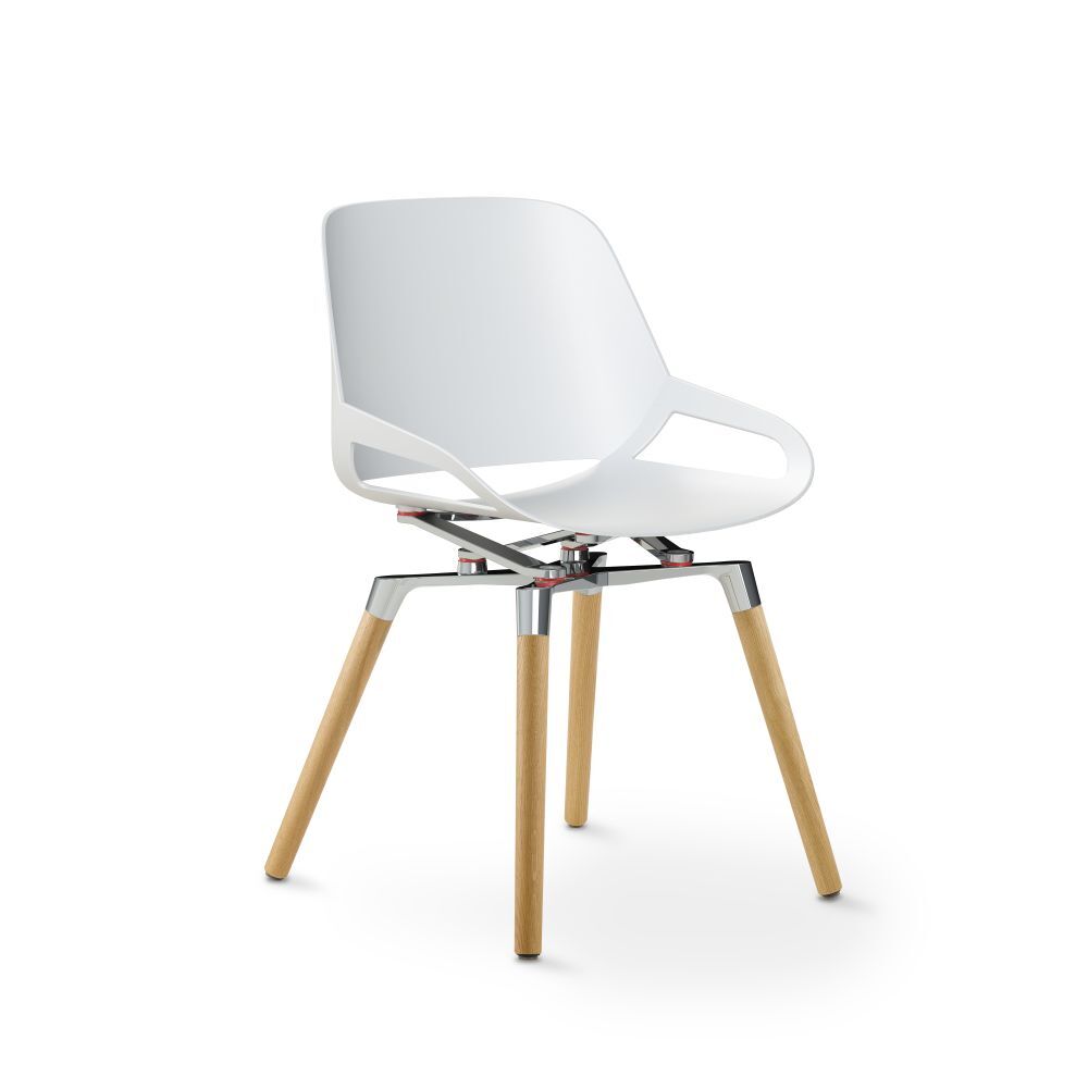 Moderner ergonomischer Bürostuhl mit weißem Sitzschalen-Design und hölzernen Beinen, ideal für dynamisches Sitzen.