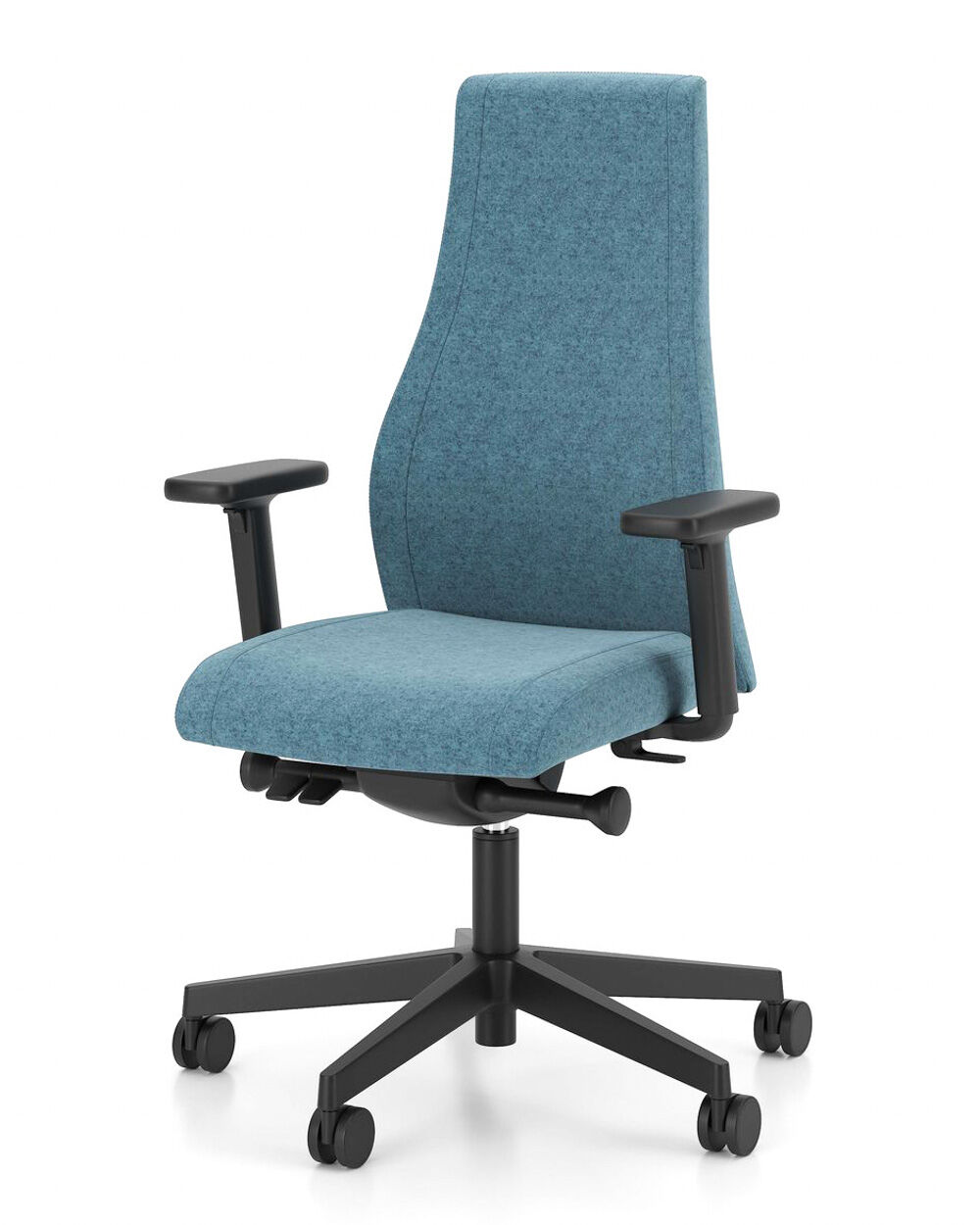 Ergonomischer Bürostuhl mit hoher Rückenlehne und schwarzen Armlehnen, in blauem Stoff gepolstert.