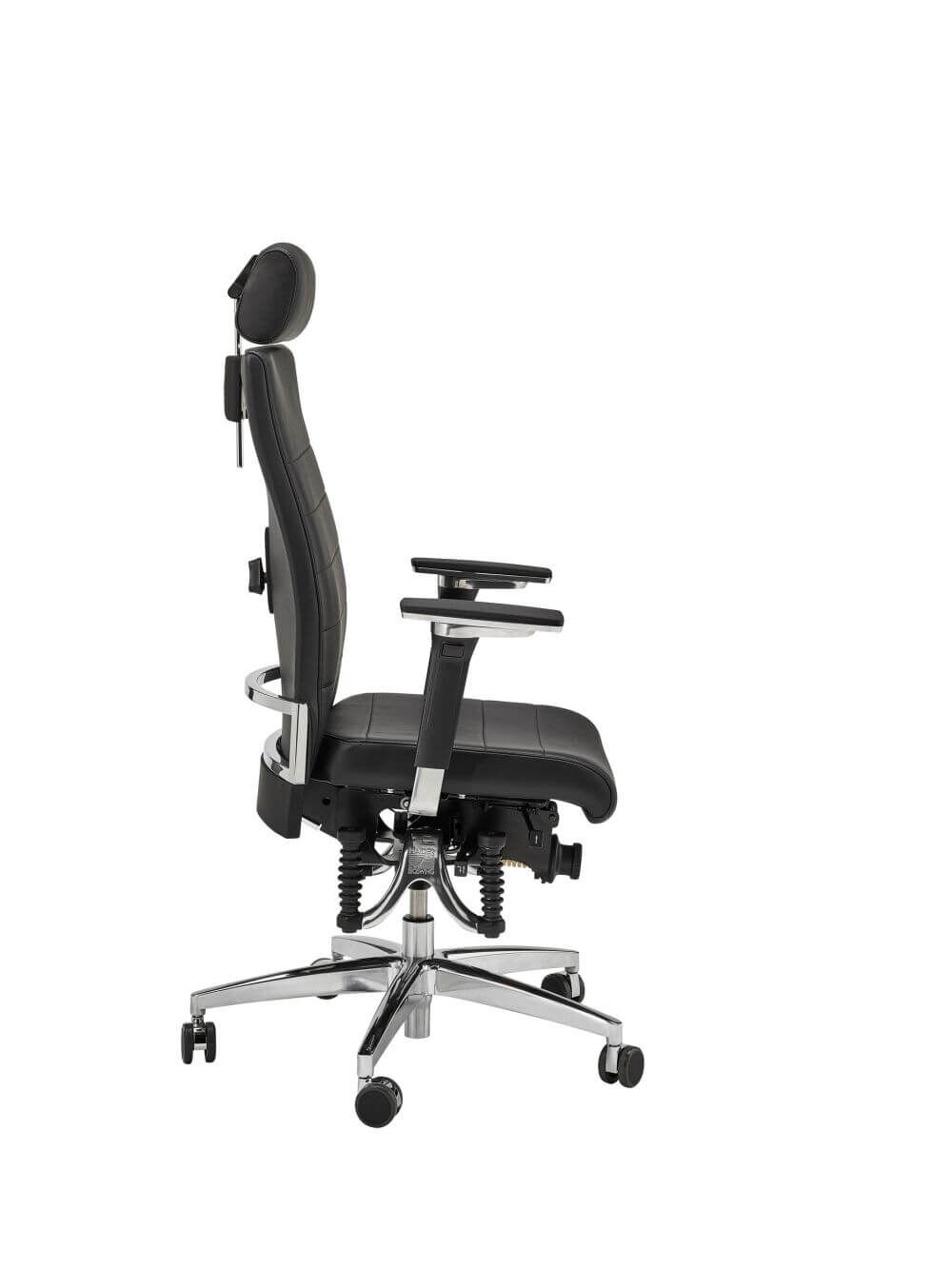 Ergonomischer Bürostuhl mit verstellbarer Kopfstütze, Armlehnen und schwarzer Polsterung, ideal für dynamisches Sitzen.