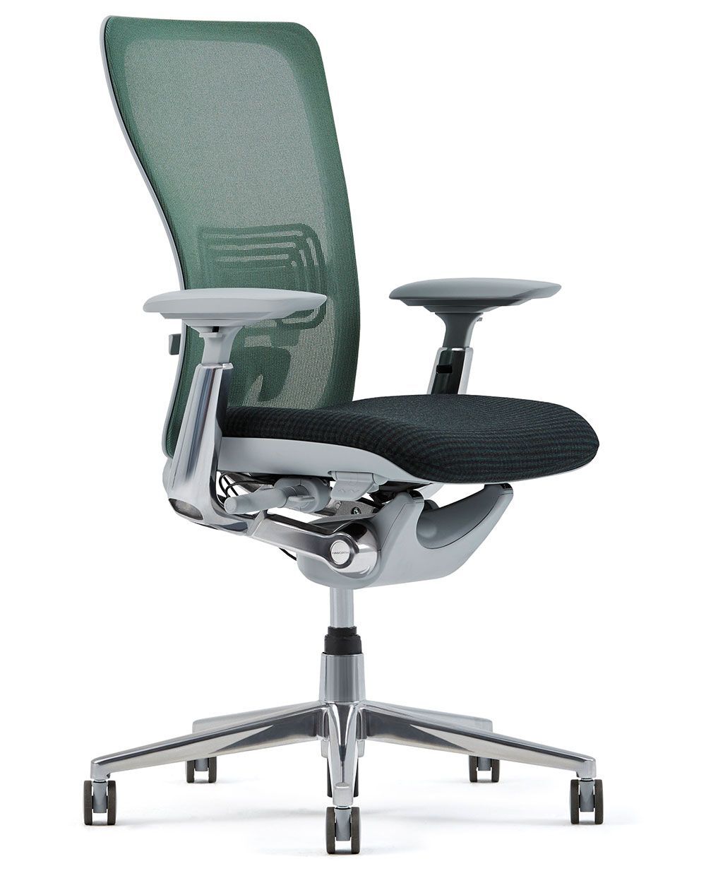 Ergonomischer Bürostuhl mit grünem Netzrücken, schwarzem Sitzpolster und verstellbaren Armlehnen auf Chromfußgestell.