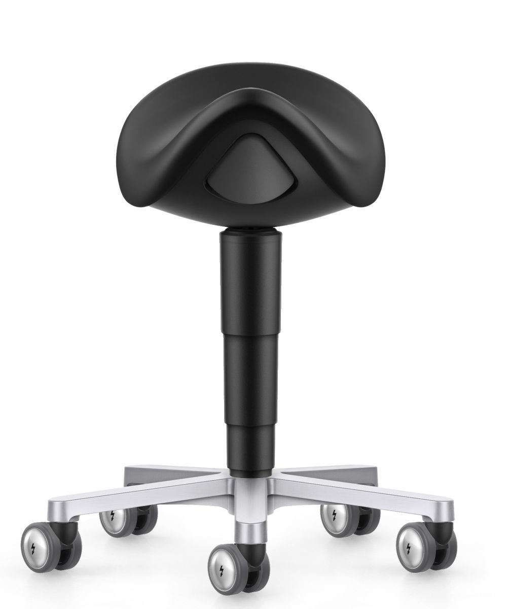 Schwarzer ergonomischer Sattelhocker mit Rollen und verstellbarer Sitzhöhe für dynamisches Sitzen im Büro.