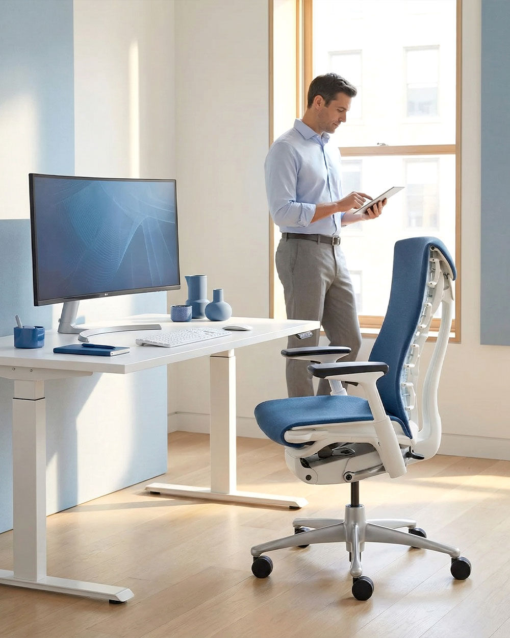 Mann im modernen Büro mit ergonomischem Stuhl und höhenverstellbarem Schreibtisch, fokussiert auf ein Tablet.