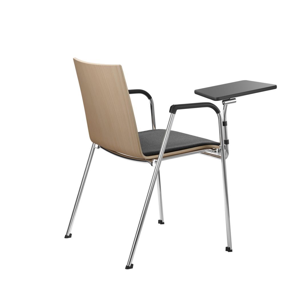 Ergonomischer Stuhl mit Lamellenrückenlehne, Metallbeinen und klappbarer Schreibplatte für optimale Arbeitsplatzflexibilität.