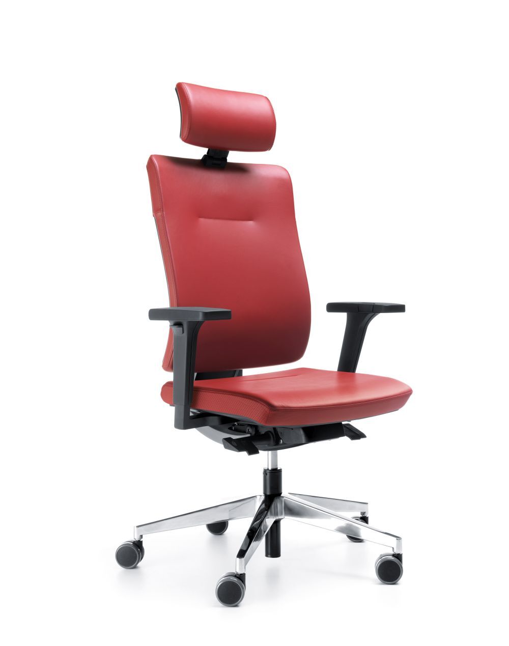 Ergonomischer, roter Bürostuhl mit Kopfstütze auf Rollen, ideal für gesundes, dynamisches Sitzen.