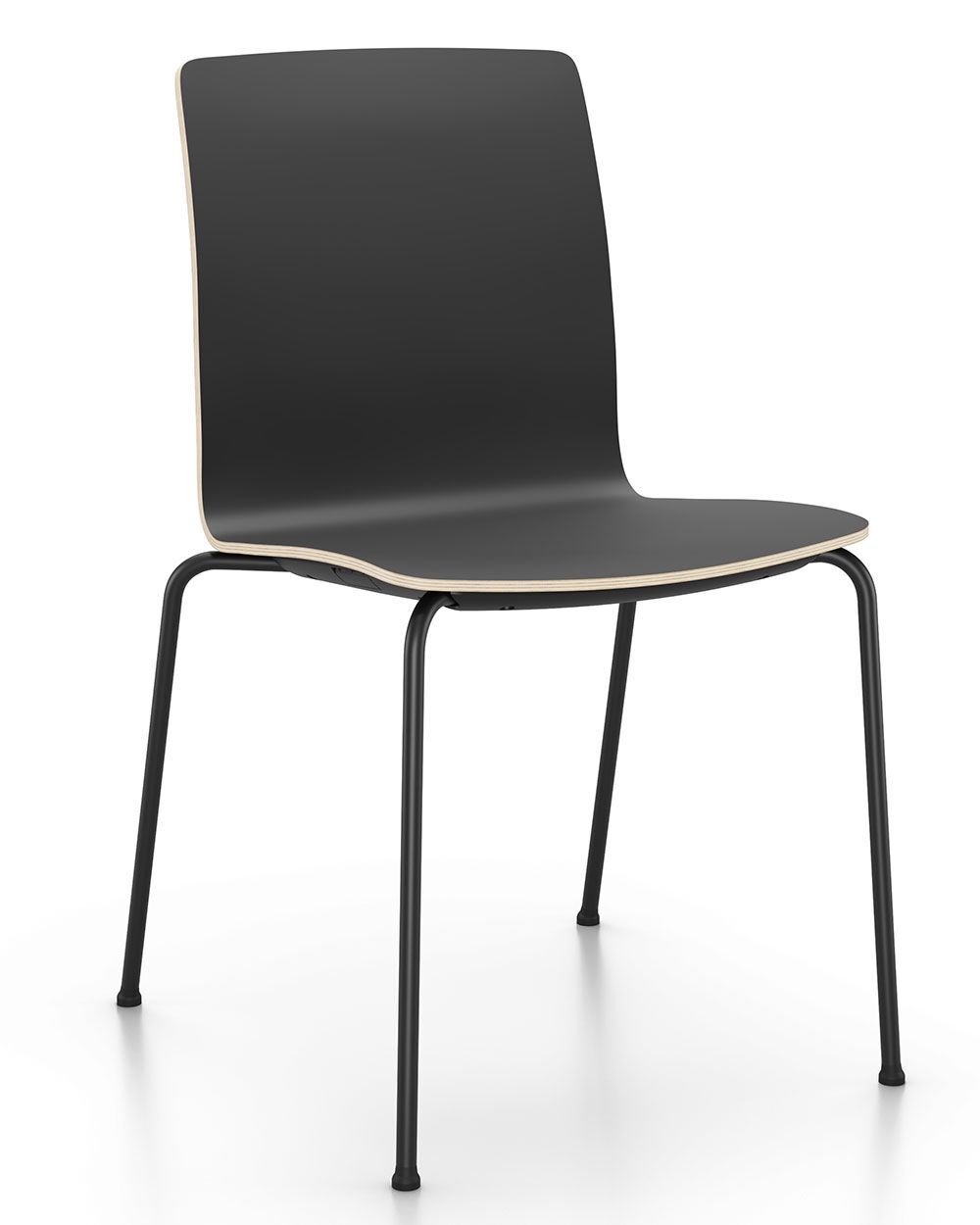 Moderner schwarzer Stuhl mit ergonomischer Form und dünnen, stabilen Metallbeinen auf weißem Hintergrund.