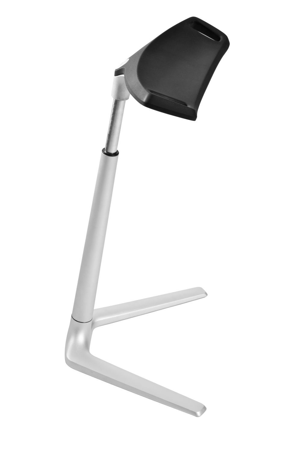 Ergonomischer Stehhocker mit schwarzem Sitz und silbernem Gestell, ideal für dynamisches Sitzen im Büro.