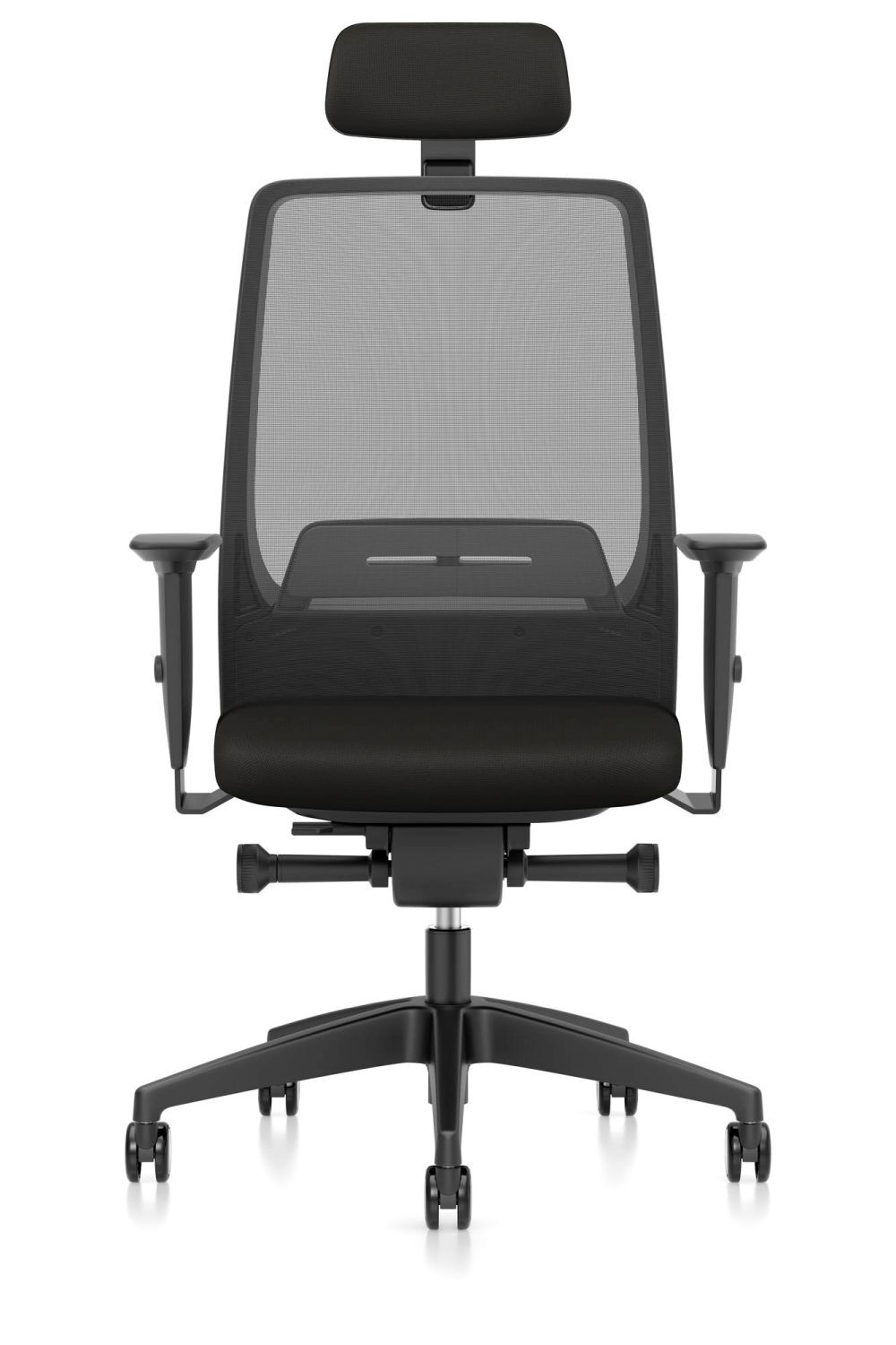 Ergonomischer Bürostuhl mit Netzrücken und Kopfstütze, schwarz, ideal für gesundes Sitzen im Büro.