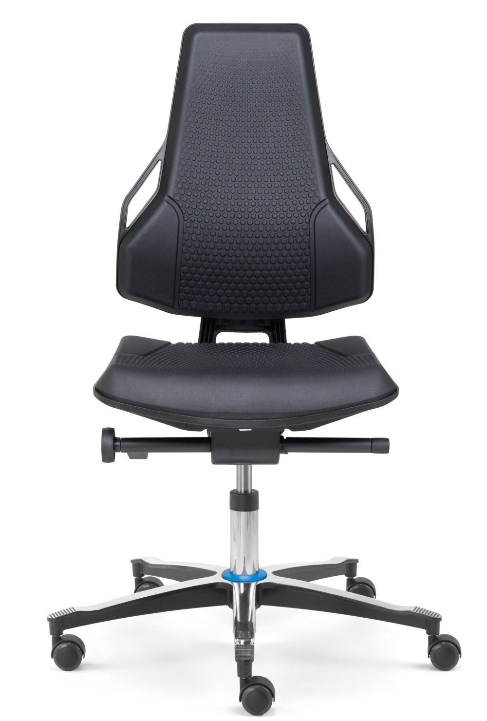 Moderner ergonomischer Bürostuhl mit gepolsterter Rückenlehne und Sitzfläche, verstellbarem Gestell und Rollen.