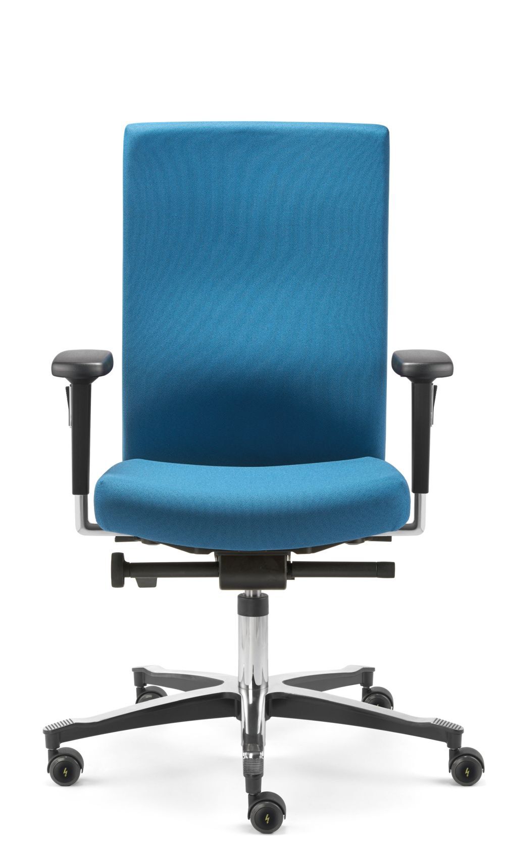 Hochwertiger ergonomischer Bürostuhl mit blauer Polsterung und verstellbaren Armlehnen, ideal für dynamisches Sitzen.