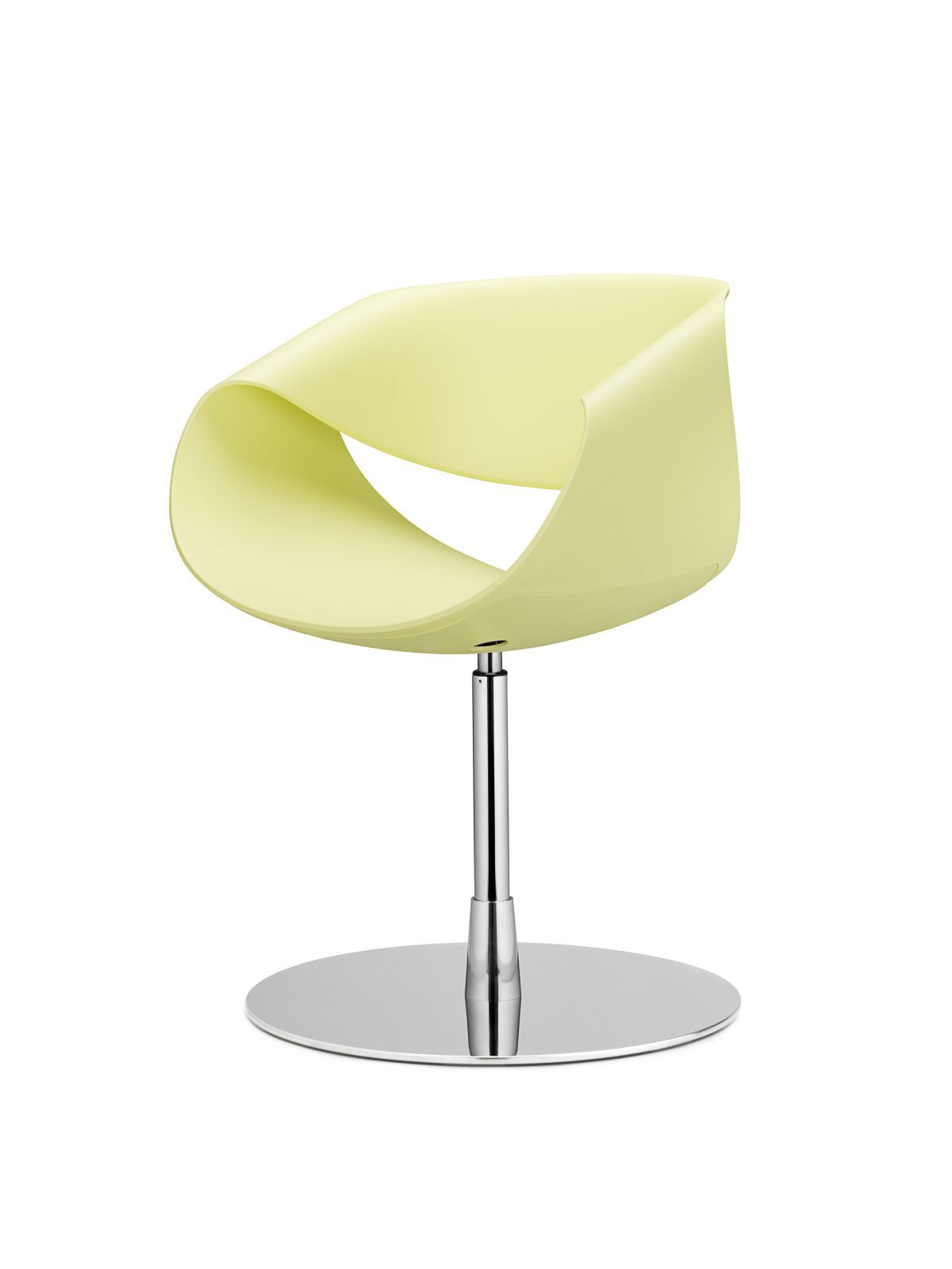Moderner, ergonomischer Stuhl mit gelber, geschwungener Sitzfläche und verchromtem Standfuß, ideal für dynamisches Sitzen.