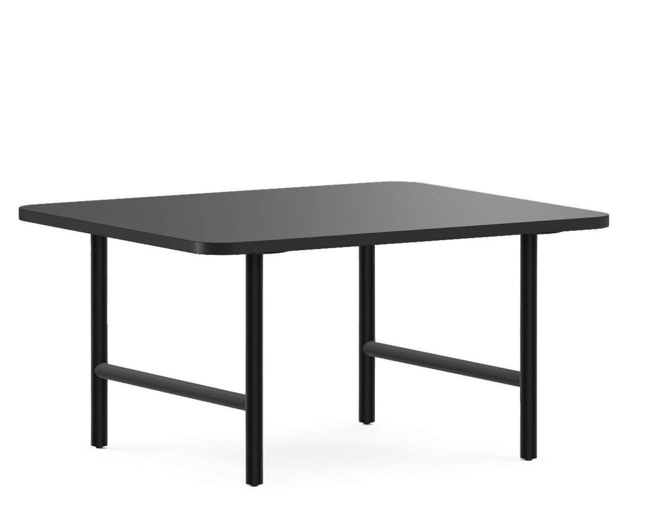 Schwarzer, rechteckiger Tisch mit abgerundeten Ecken und zwei Querstreben als Teil des Gestells.