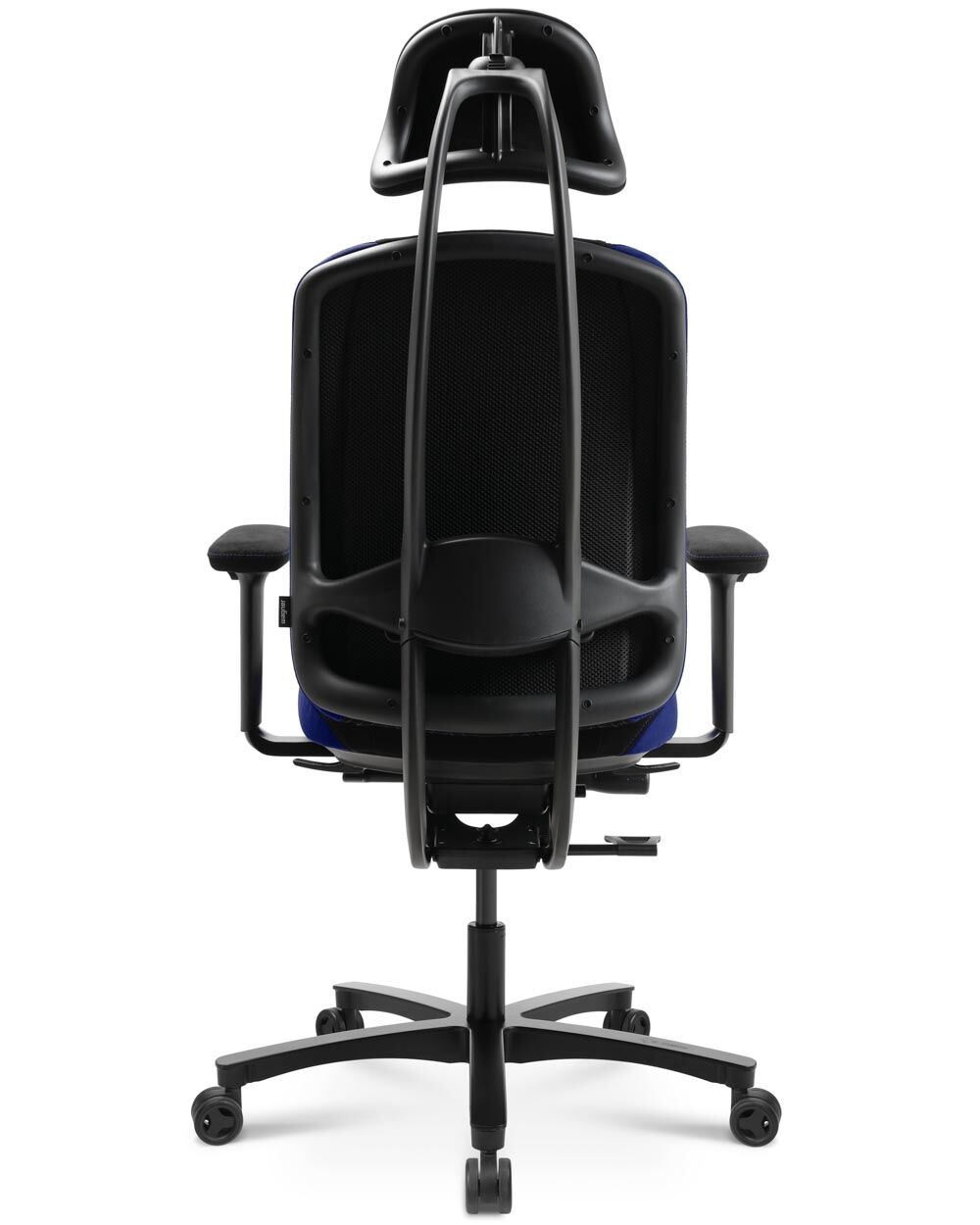 Ergonomischer Bürostuhl von hinten, mit verstellbarer Kopfstütze und atmungsaktiver Netzrückenlehne, auf fünf Rollen.